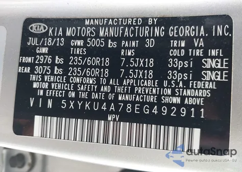 2014 Kia Sorento Ex V6 from USA, damaged, VIN 5XYKU4A78EG492911